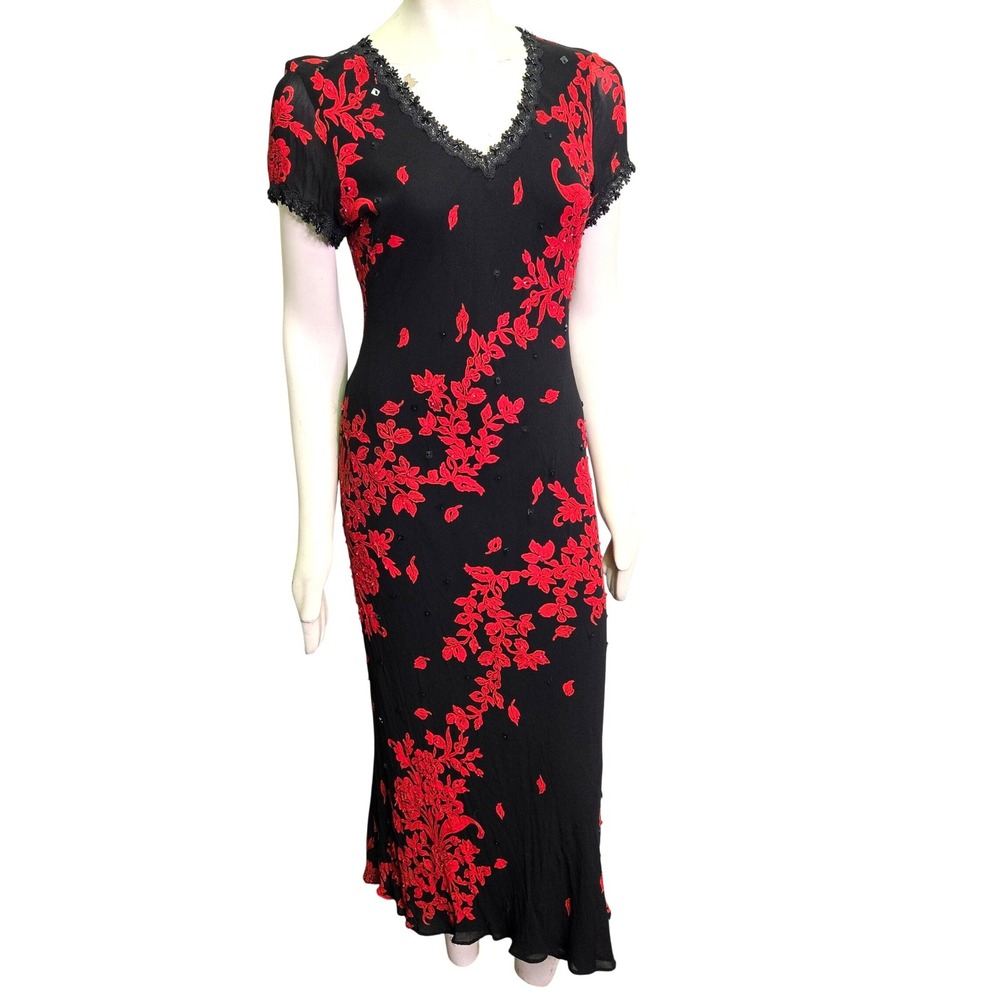 Vampy 90s Whimsigoth Maxi Dress Floral Embroidered Beaded V-Neck L Black Vintage